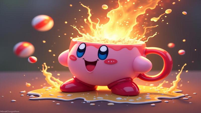 alarm app blasts with Kirby effects, coffee mug surrendering, calendar melting like clock-flavored candy.