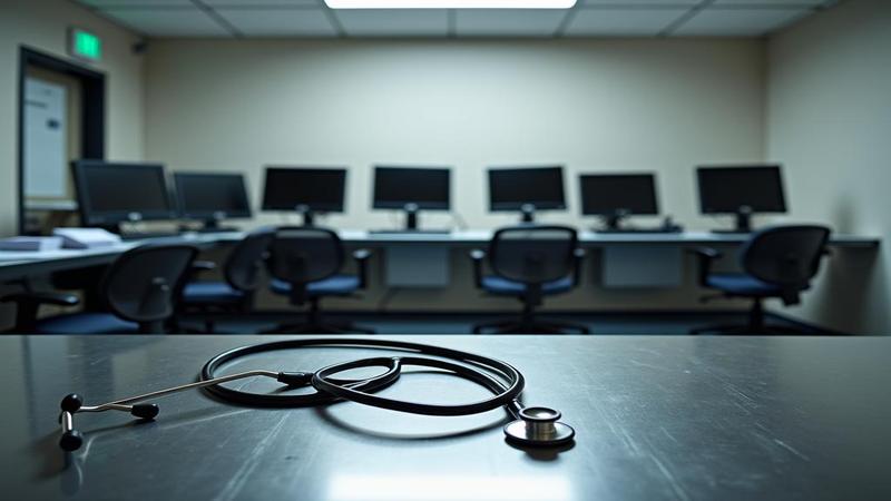 A shuttered triage room with silent monitors, stacks of unused forms, and a lone stethoscope coiled like a question mark on a metal table.