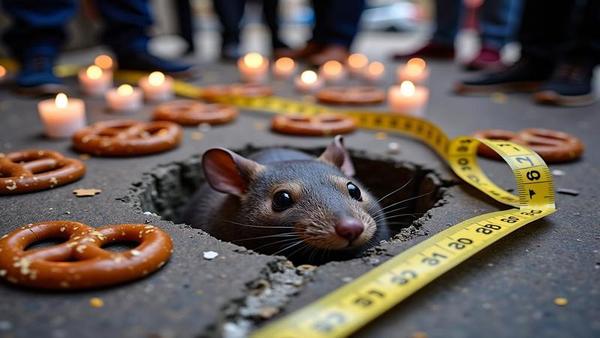 Close-up of a rat-shaped divot in a Chicago sidewalk, surrounded by candles, tape measures, and disappointed tourists clutching novelty pretzels.