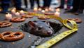 Close-up of a rat-shaped divot in a Chicago sidewalk, surrounded by candles, tape measures, and disappointed tourists clutching novelty pretzels.