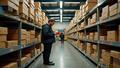 A tense European postal hub shelves stacked with empty parcels and a clerk checking a red stamp.