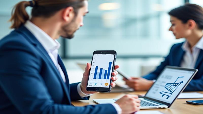 Analysts study a chart while a phone displays an empty cart and a shrugging coin icon.