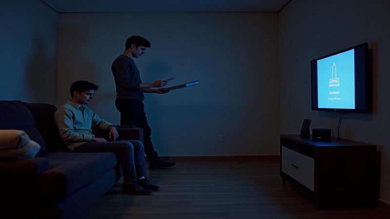 Living room at night, person holding manual, wall switch triumphantly on, smart speaker sulking beneath TV, Wi-Fi router blinking like Morse code for 'send help'.