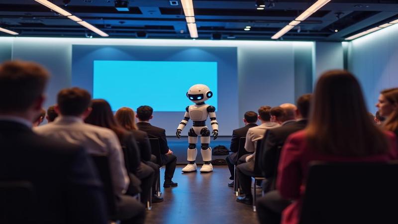 A conference hall lights glow as a robot host tries to order coffee for the audience.