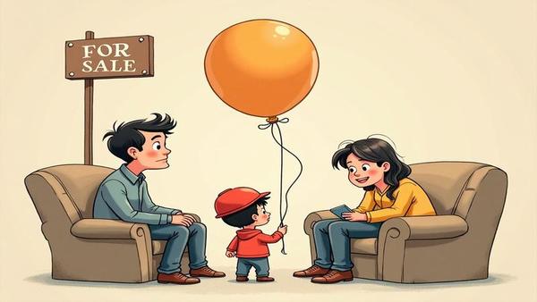 Family eyes a For Sale sign as a balloon labeled 7-Month High hovers; their shrunken wallet hides under a couch, wearing a tiny helmet and second thoughts.