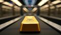 A smug gold bar on a treadmill, glistening under fluorescent lights, while a fainting interest-rate chart is fanned with a central bank policy statement.
