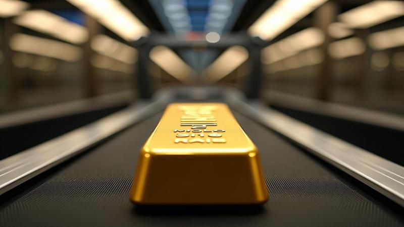A smug gold bar on a treadmill, glistening under fluorescent lights, while a fainting interest-rate chart is fanned with a central bank policy statement.