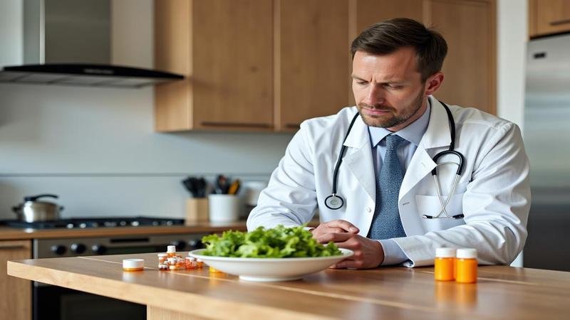 A clinician-neighbor watches over a kitchen counter, where pill bottles sit uneasily beside a salad.