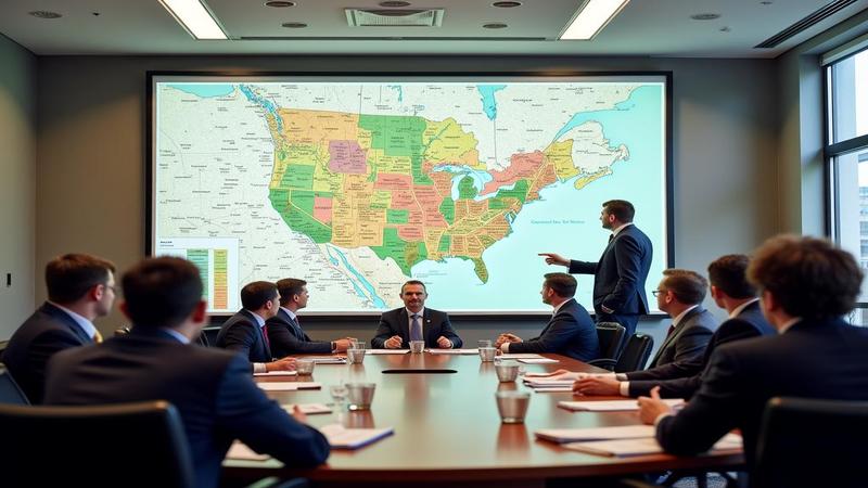 A boardroom where regulators point at a zoning map that somehow also looks like a political spectrum and an HOA newsletter.
