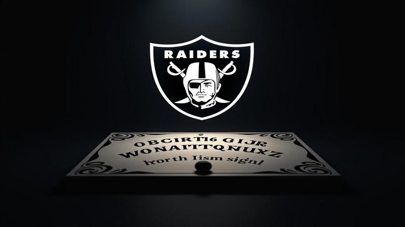 Raiders team logo dramatically backlit with a Ouija board planchette pointing to 'sign'.