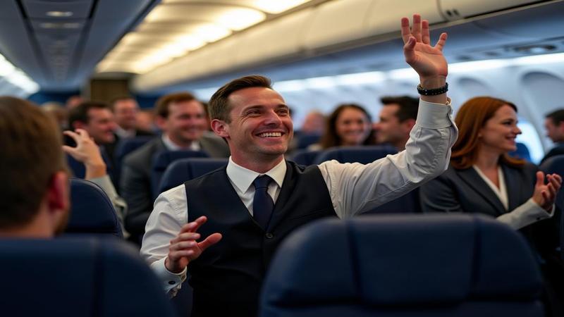 Flight crews cheer as engines roar in the background and business deals hover in the cabin.