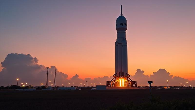 SLS rocket clearing the tower at dawn, tower lights smeared by heat, Florida horizon looking surprised and slightly singed.