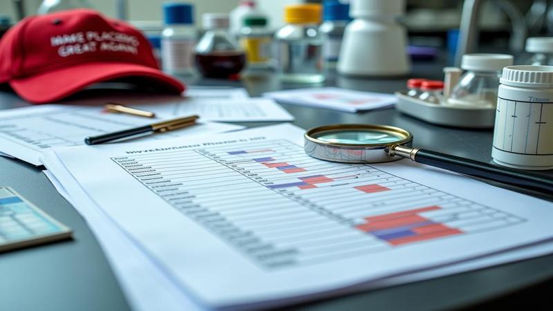 A lab bench with randomized trial paperwork, a magnifying glass over small sample sizes, and a red hat in the corner labeled “Make Placebos Great Again.”