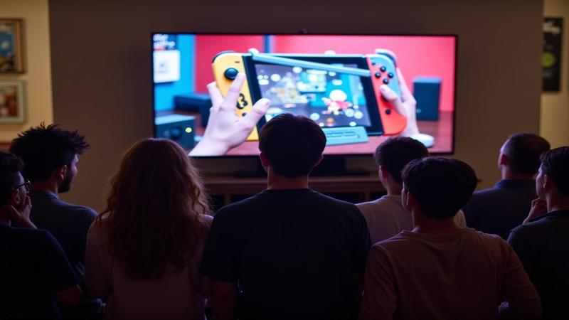 Crowd of fans refreshing screens as a mock Switch 2 preorder countdown blinks on a living-room TV.