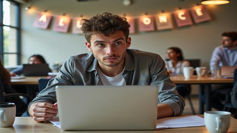 A harried intern stares at a laptop while a banner reads 'All at Once,' in a break room cluttered with coffee mugs.