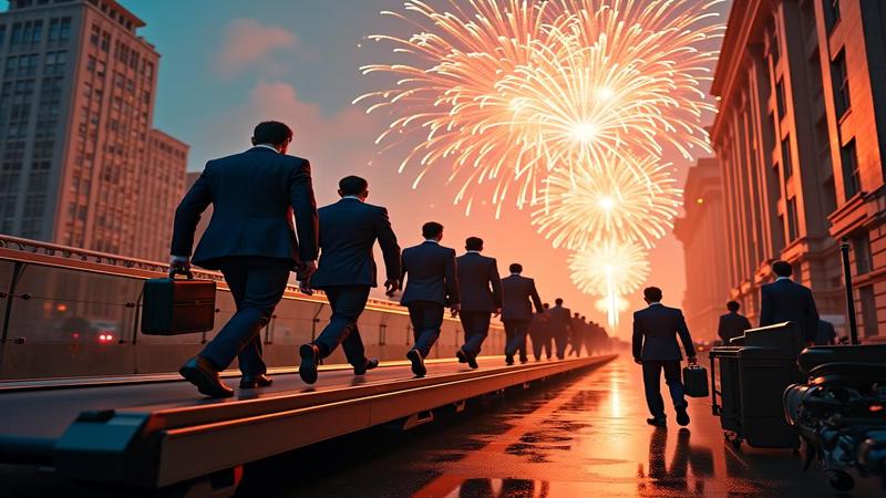 Wall Street bankers on a treadmill blasting upward, briefcases hitting the ceiling while charts spike like fireworks.