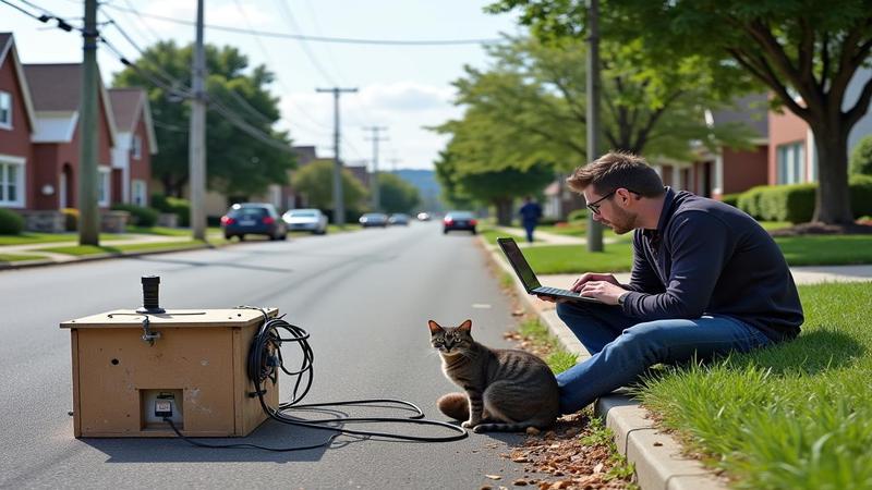 Suburban street with buried cables, a makeshift sensor box, and a researcher squinting at a laptop as a cat vibrates ominously.