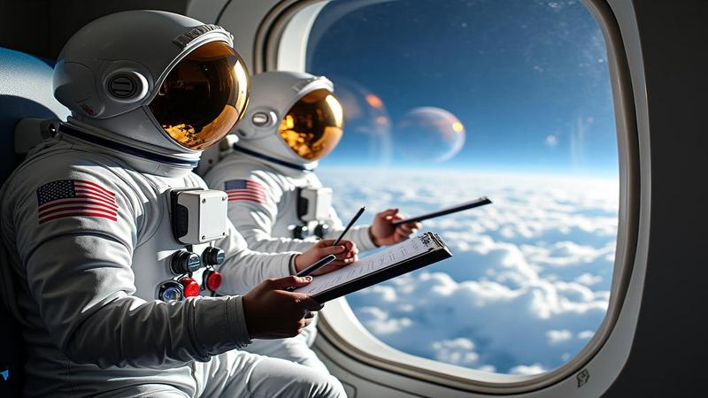 four astronauts mid-checklist, pens Velcroed to wrists, Earth shrinking in window like a dismissed tab.