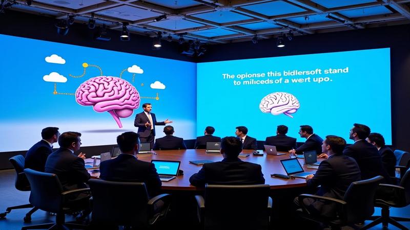 Microsoft executive in a brain-shaped conference room delivers cautionary slides.