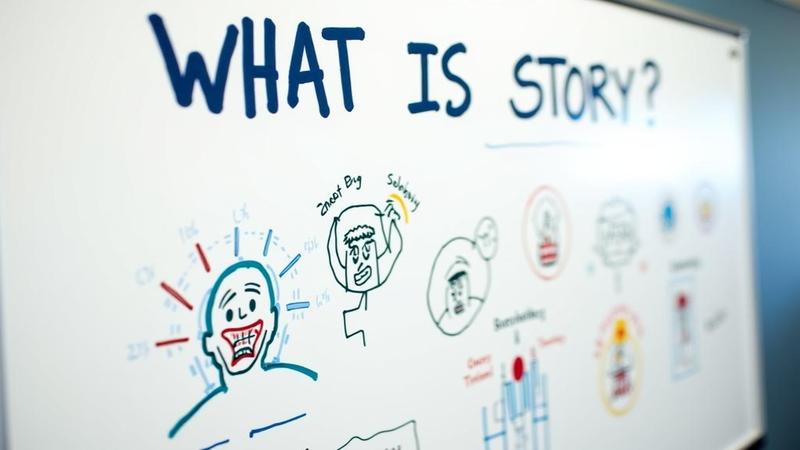 Close-up of a boardroom whiteboard reading 'WHAT IS STORY?' alongside doodles of suplexes and a terrified budget pie chart.