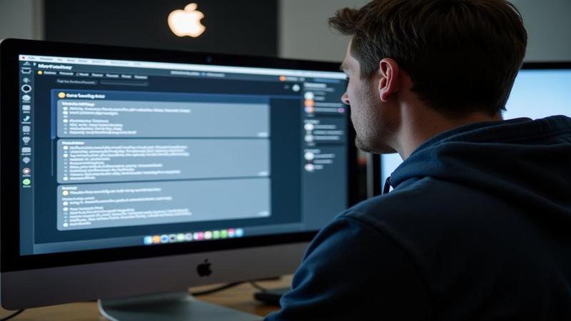 An Apple engineer in a hoodie stares at a monitor labeled 'Siri Coaching App' as Siri replies with snarky weather forecasts and existential dread.