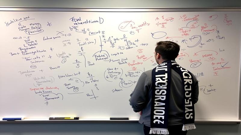 A whiteboard scrawled with possible group permutations, arrows and panic circles, a lonely Spurs scarf draped like a prophecy that refuses to be specific.