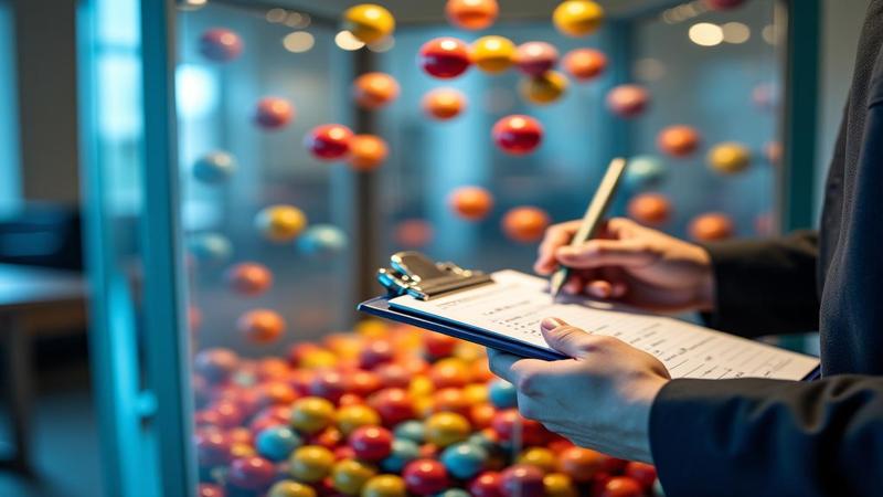 Close-up of bouncing lottery balls in transparent machine, numbers whirling like promises, with an auditor's clipboard hovering in frame.