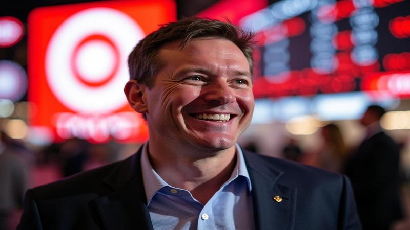 Michael Fiddelke grins as a Target banner and stock tickers dance behind him.