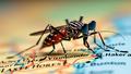 Close-up of a mosquito wearing sunglasses perched on a Philadelphia map with buzzing heatlines.