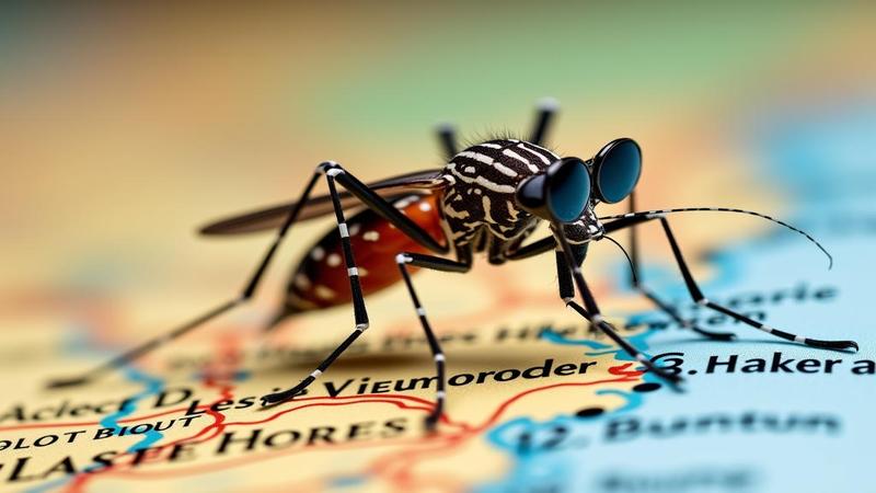 Close-up of a mosquito wearing sunglasses perched on a Philadelphia map with buzzing heatlines.