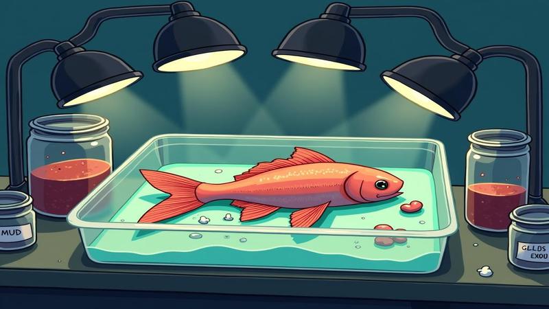 In a lab, a fish decays in a tray under heat lamps, next to jars labeled 'mud', 'time', and 'bad luck', while a crisp diagram pretends that’s the whole story.