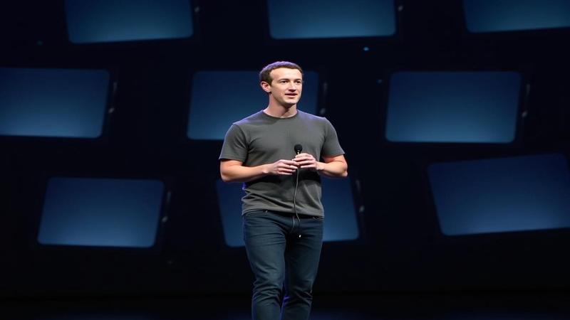 Mark Zuckerberg on a dark stage, haloed by screens, holding a sleek headset like a newborn business model.