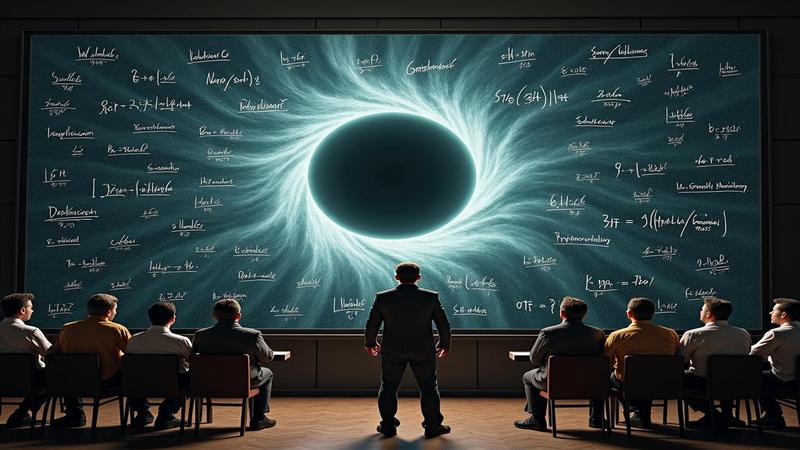 A massive black hole warps spacetime as a group of scientists unwittingly worships a chalkboard loaded with equations.