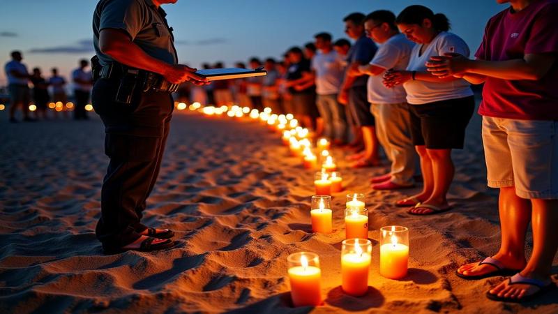 A clipboard-wielding official measures a scorched patch of sand as mourners in flip-flops hold tartar sauce like candles at a vigil.