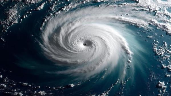 Satellite view of colossal Hurricane Melissa spiraling toward Jamaica, eye glaring, cloud bands stretching like conveyor belts across a steel-blue Caribbean.