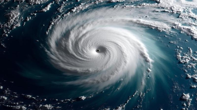 Satellite view of colossal Hurricane Melissa spiraling toward Jamaica, eye glaring, cloud bands stretching like conveyor belts across a steel-blue Caribbean.