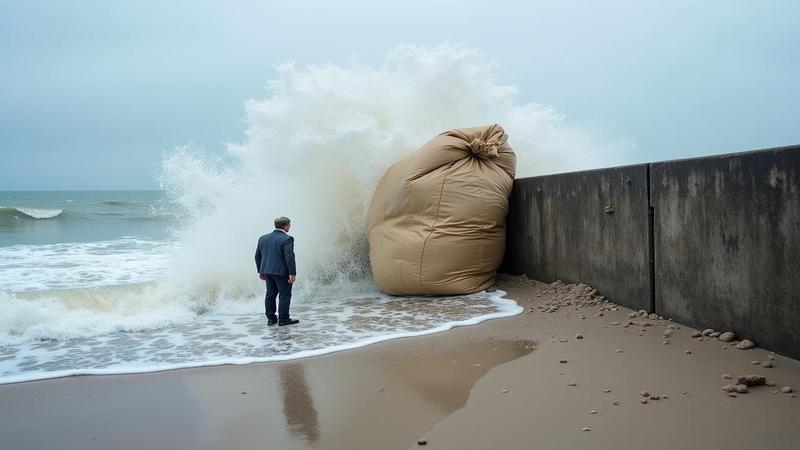 Close-up of a storm surge vaulting a seawall while a deflated sandbag looks on like a disappointed gym teacher.