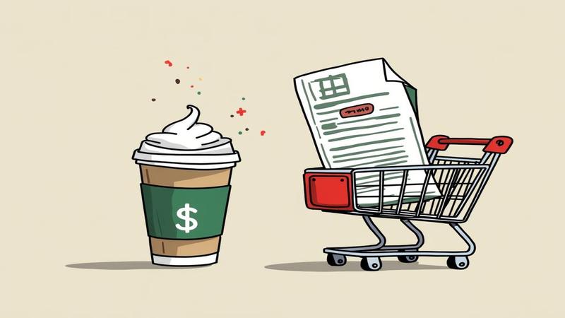 A budget spreadsheet crying into a latte as a shopping cart swipes a maxed-out card.