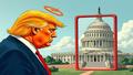 Trump, drawn with his signature orange halo, eyes a Capitol-shaped funhouse mirror as the city spirals.