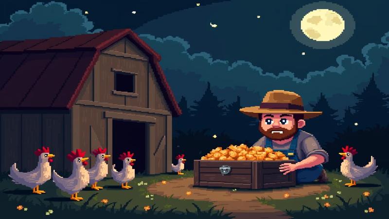 Pixelated farmer stares at an overstuffed chest while chickens plan a board meeting in a moonlit barn.
