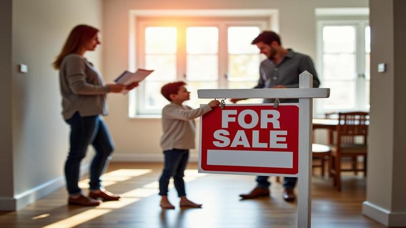 Close-up of a For Sale sign framed by a hopeful family measuring every room.