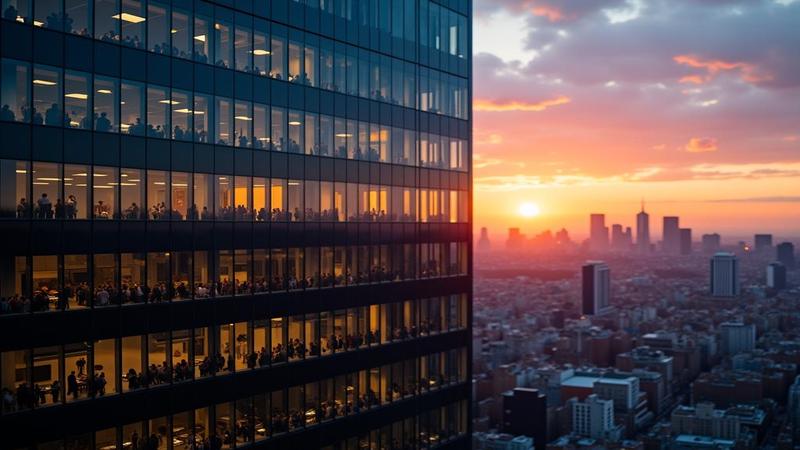 GM headquarters at dawn, windows glowing like dashboards, while tiny investors in suits hold calculators like talismans, bracing for impact that’s either cash or karma.