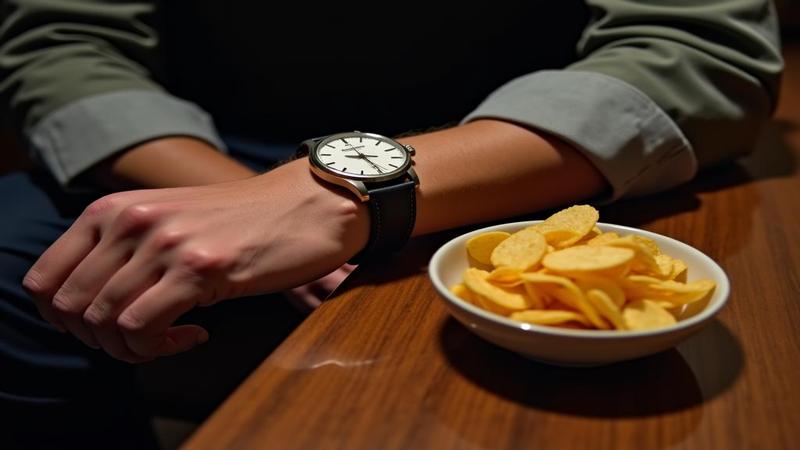 A person calibrates a watch beside a classic arm cuff, while a nearby bowl of chips looks guilty under harsh kitchen lighting.