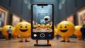 A colossal smartphone with an eye-shaped camera scanning a gallery while emoji bystanders react.