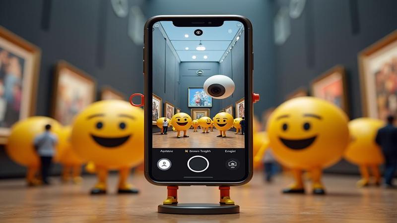 A colossal smartphone with an eye-shaped camera scanning a gallery while emoji bystanders react.