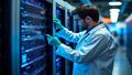 A lab-coated analyst clings to a roaring GPU rack labeled ACCELERATE as investors chase soap bubbles with butterfly nets.