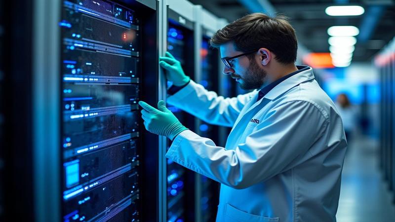 A lab-coated analyst clings to a roaring GPU rack labeled ACCELERATE as investors chase soap bubbles with butterfly nets.