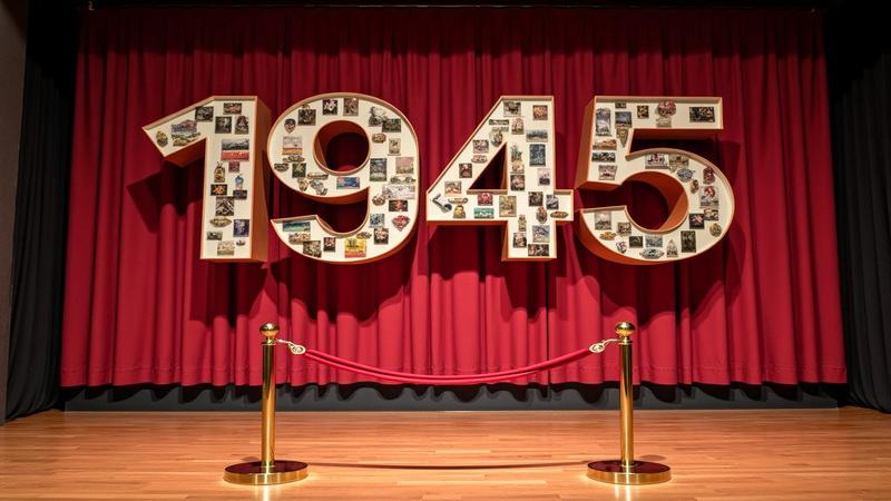 Stage decorated with giant 1945 numerals sits empty, velvet rope blocking it, while security scans for time travelers holding commemorative brochures and confused compasses.