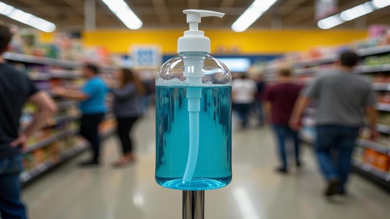 A lonely hand sanitizer dispenser in a busy grocery store aisle, lit like an altar of common sense.