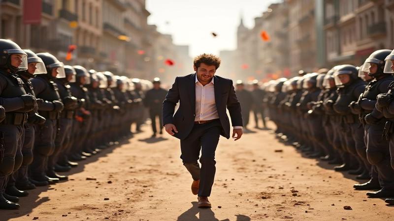 Javier Milei hurries from a stage while small stones arc toward security shields; supporters and protesters blur into a dusty, sunlit plaza.